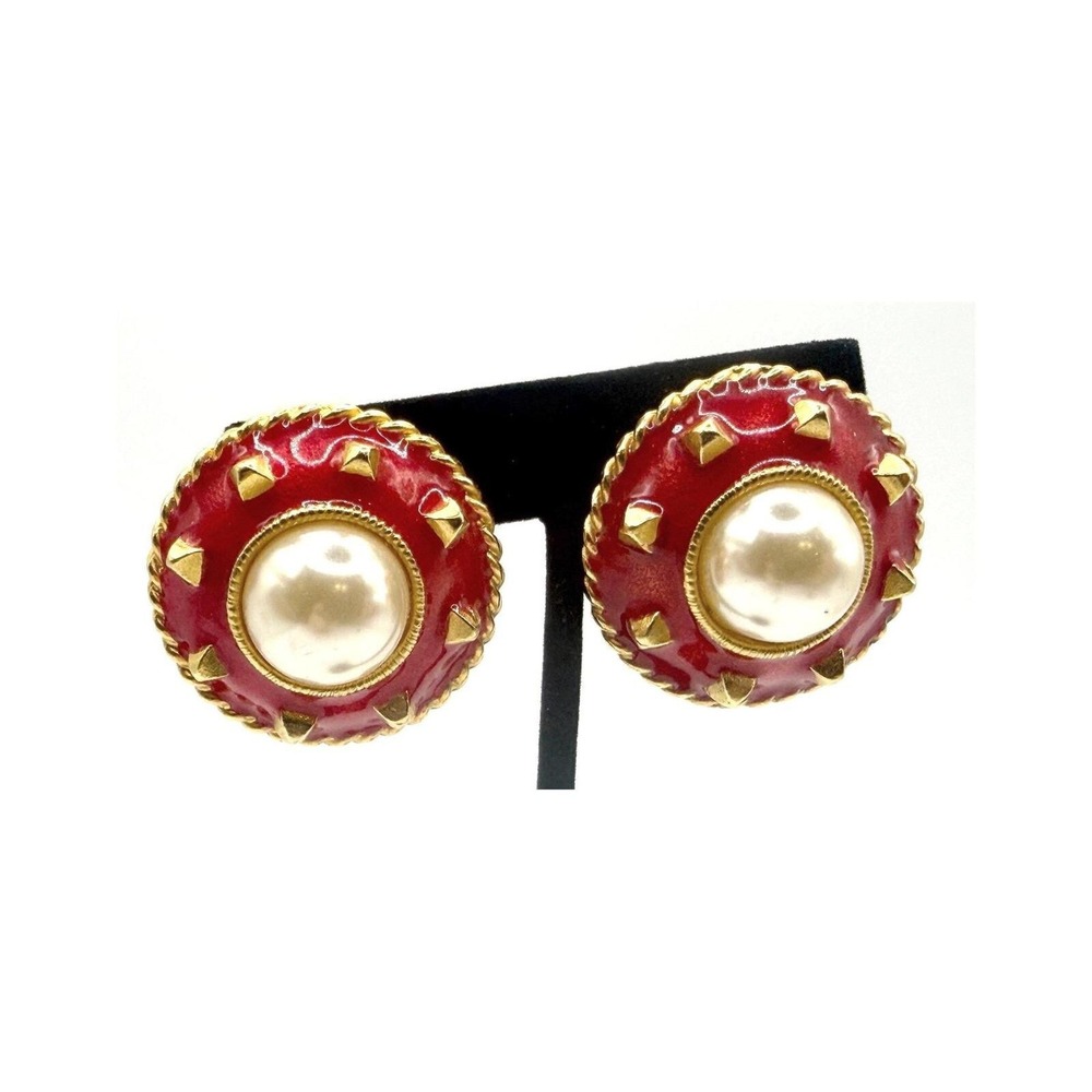 Signed YOSCA Gold Red Pearl Clip On Earrings 1.5" Gerard Yosca